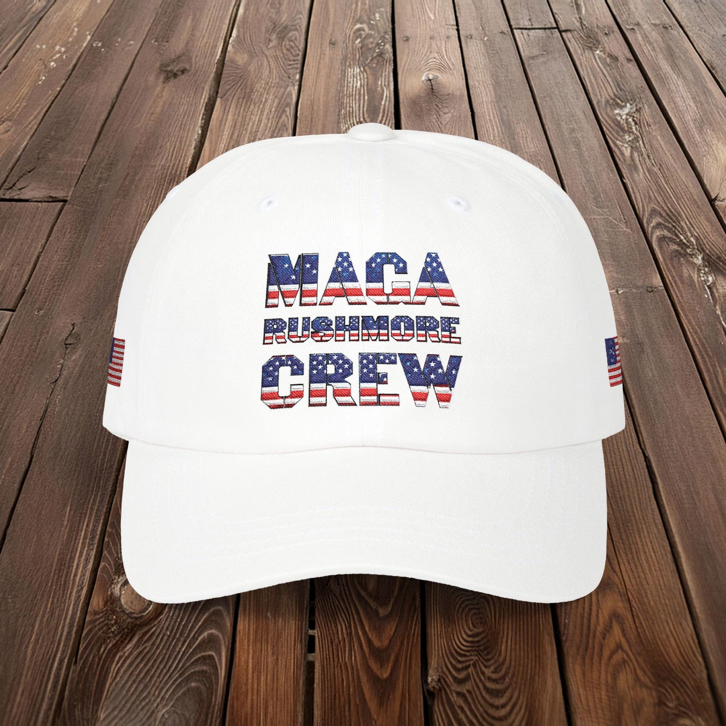 Patriotic "MAGA RUSHMORE CREW" Dad Cap — USA Flag Embroidered Baseball Hat