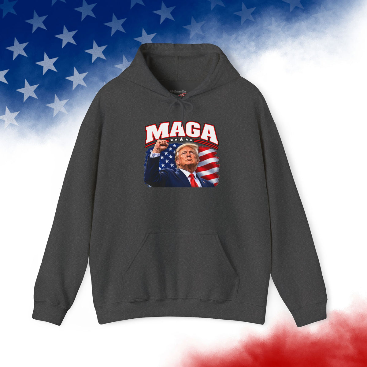 MAGA Trump Hoodie, Patriotic American Flag Back Print, Conservative Unisex Pullover Sweatshirt