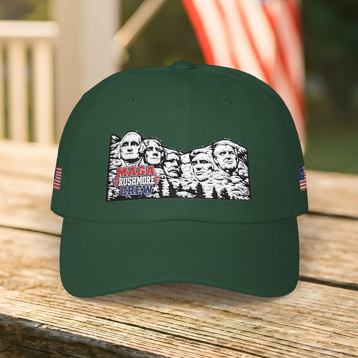 Patriotic "MAGA RUSHMORE CREW" Dad Cap — USA Flag Embroidered Baseball Hat
