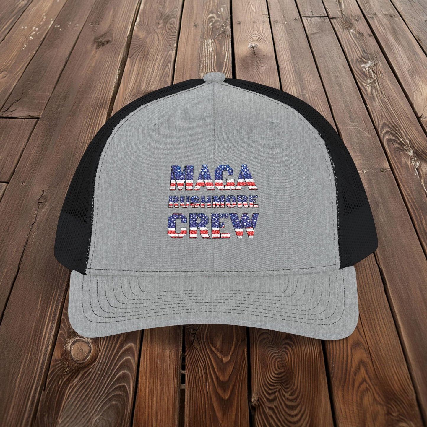 MAGA Rushmore Crew Trucker Cap — American Flag Embroidered Snapback