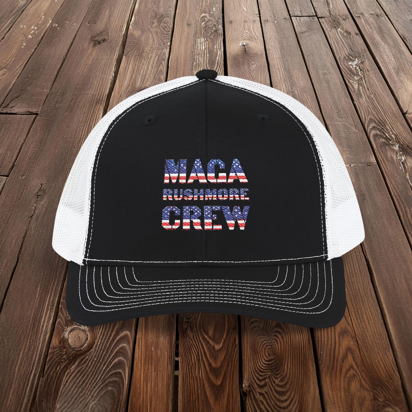 MAGA Rushmore Crew Trucker Cap — American Flag Embroidered Snapback