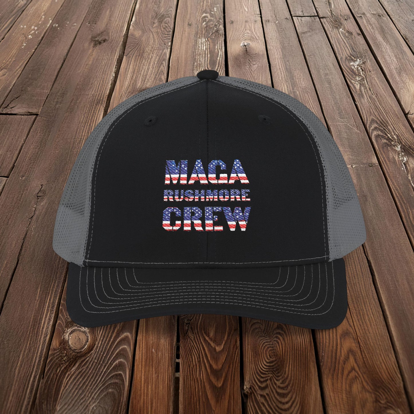 MAGA Rushmore Crew Trucker Cap — American Flag Embroidered Snapback