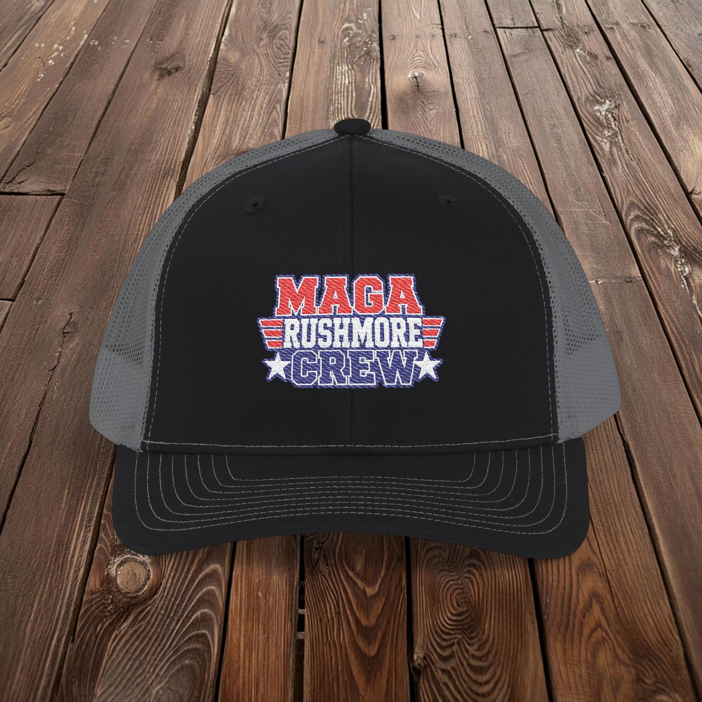 MAGA Rushmore Crew Trucker Cap — American Flag Embroidered Snapback