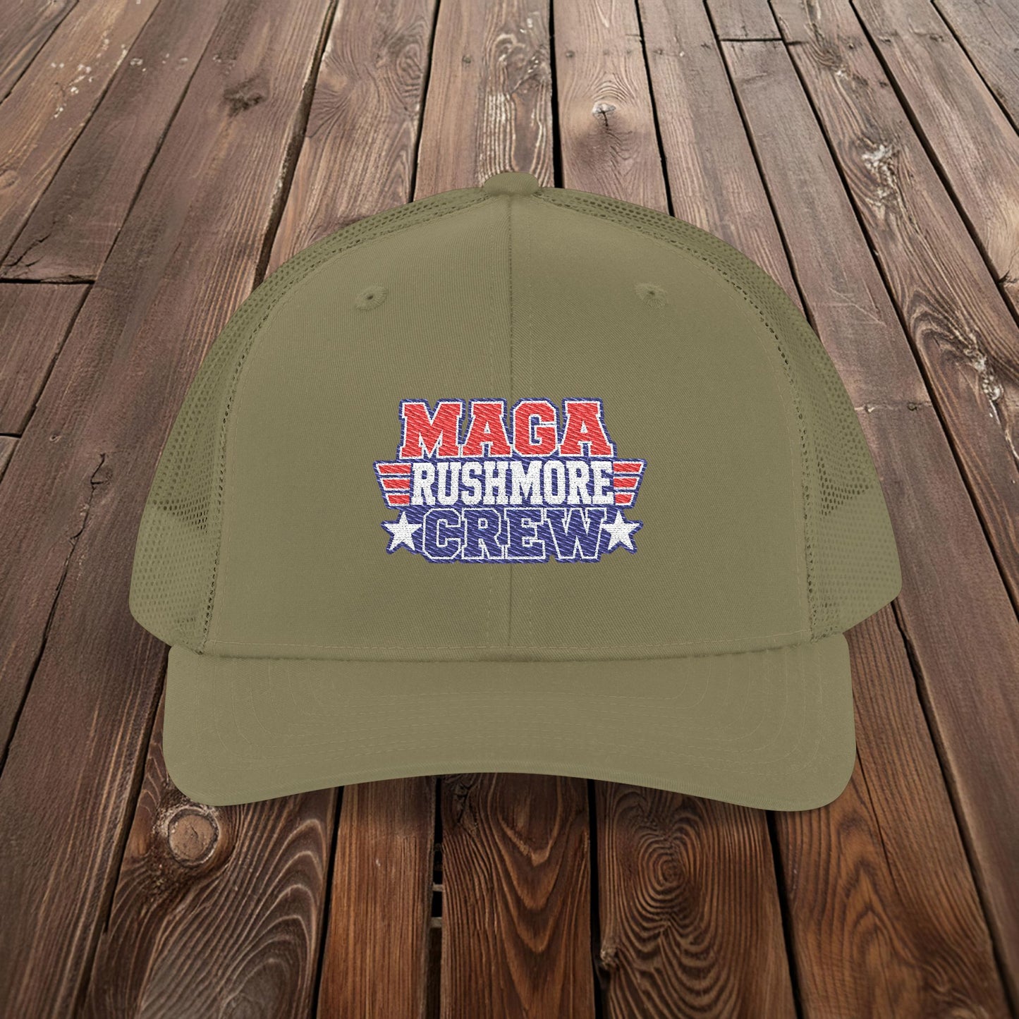 MAGA Rushmore Crew Trucker Cap — American Flag Embroidered Snapback
