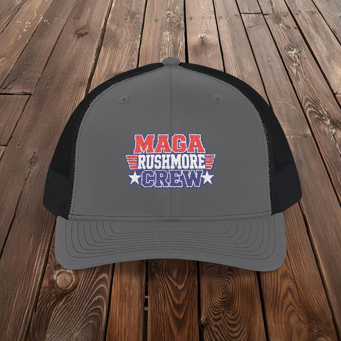 MAGA Rushmore Crew Trucker Cap — American Flag Embroidered Snapback