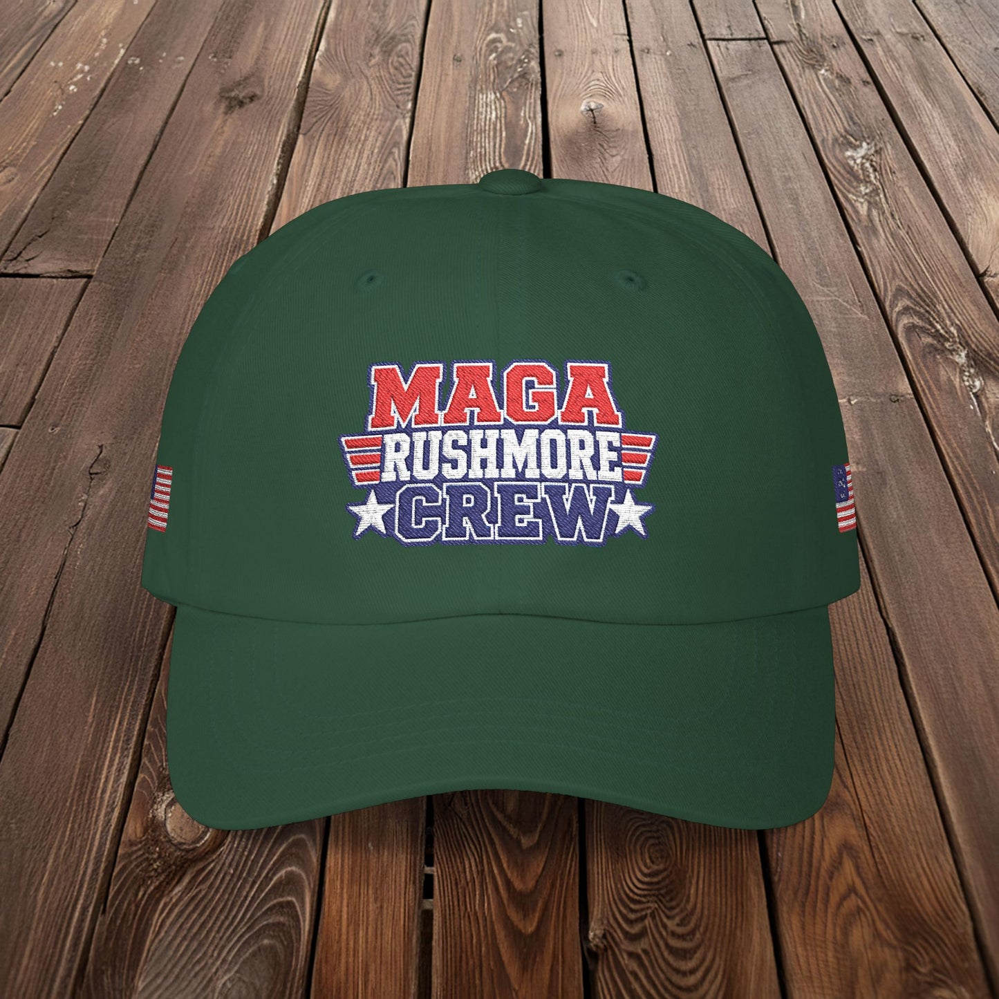 Patriotic "MAGA RUSHMORE CREW" Dad Cap — USA Flag Embroidered Baseball Hat