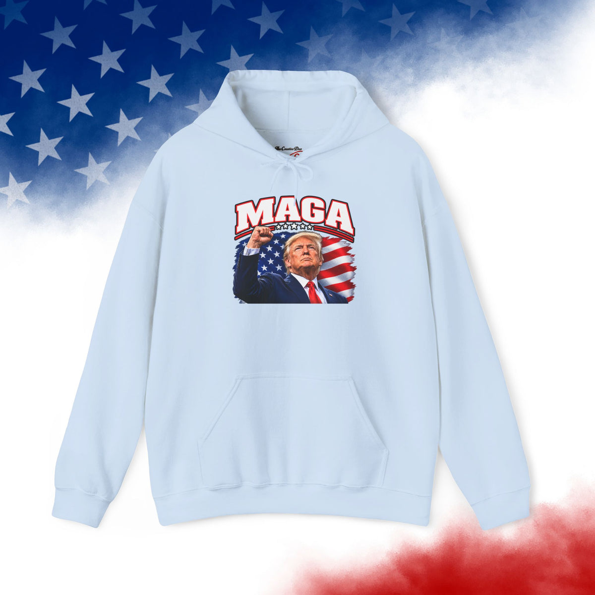 MAGA Trump Hoodie, Patriotic American Flag Back Print, Conservative Unisex Pullover Sweatshirt