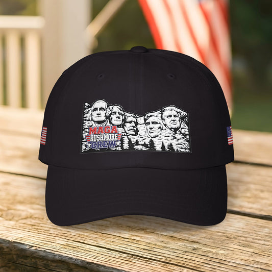 Patriotic "MAGA RUSHMORE CREW" Dad Cap — USA Flag Embroidered Baseball Hat