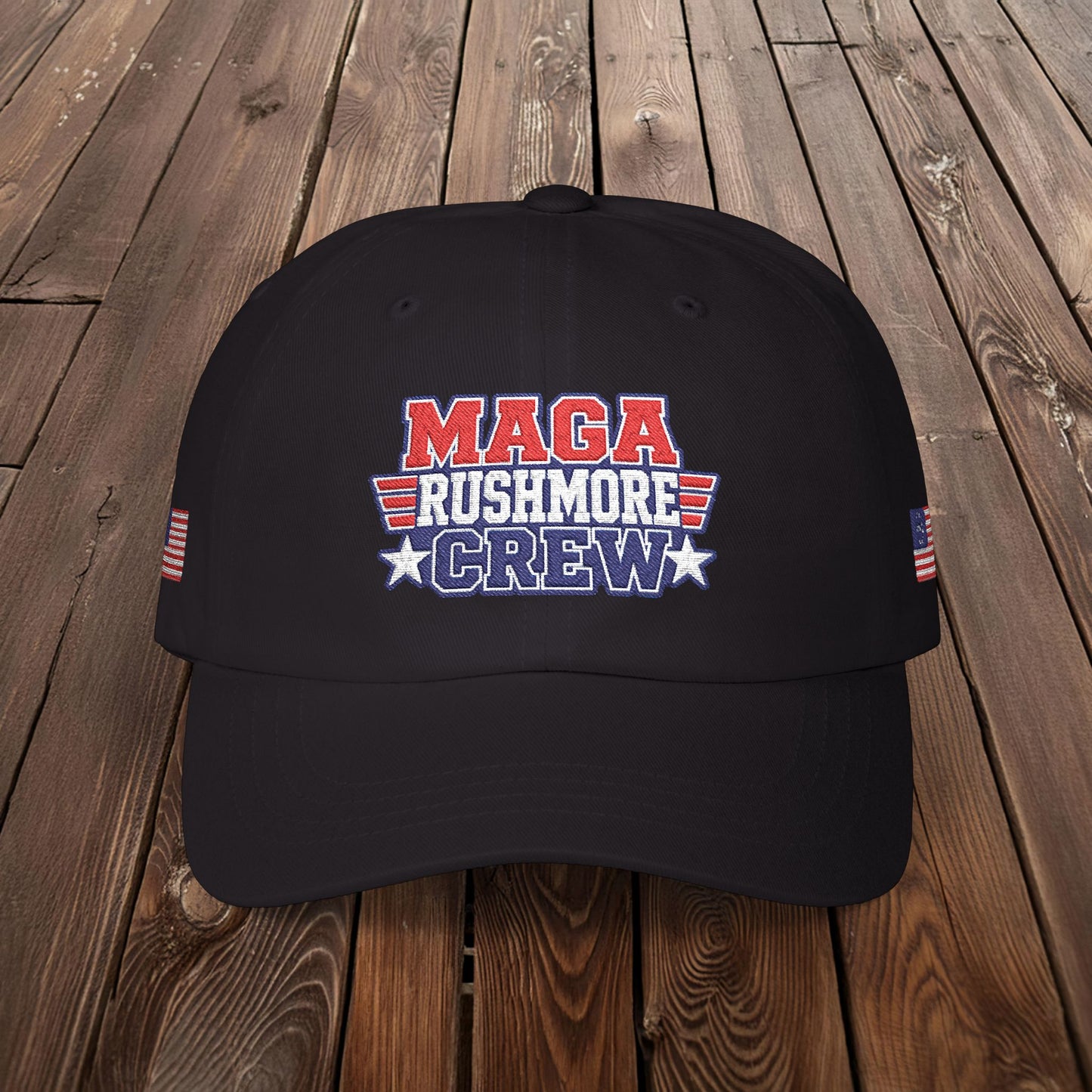 Patriotic "MAGA RUSHMORE CREW" Dad Cap — USA Flag Embroidered Baseball Hat