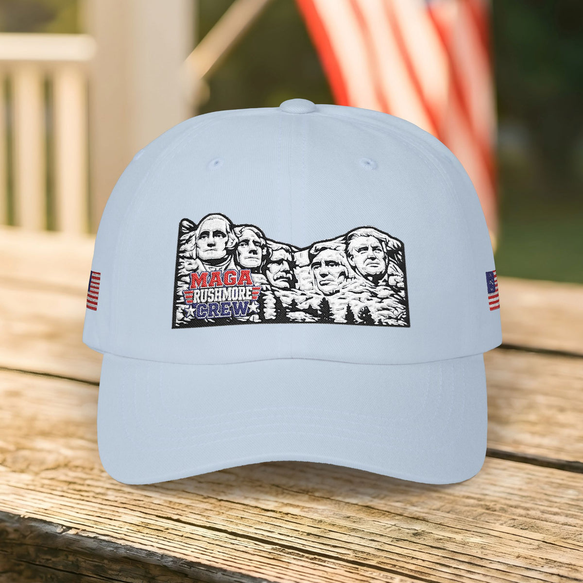 Patriotic "MAGA RUSHMORE CREW" Dad Cap — USA Flag Embroidered Baseball Hat