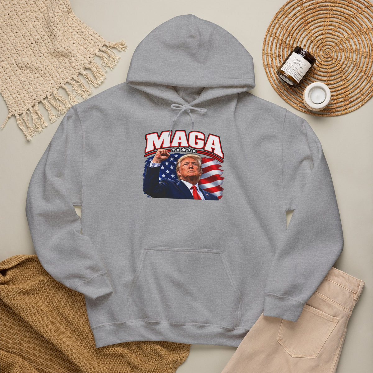 MAGA Trump Hoodie, Patriotic American Flag Back Print, Conservative Unisex Pullover Sweatshirt