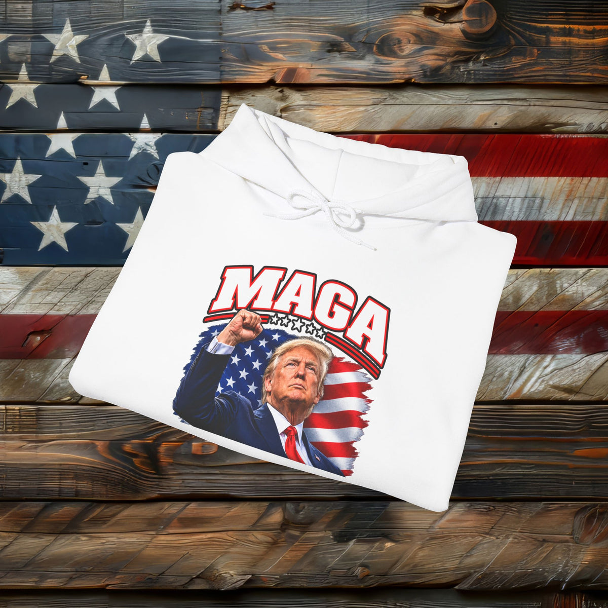 MAGA Trump Hoodie, Patriotic American Flag Back Print, Conservative Unisex Pullover Sweatshirt