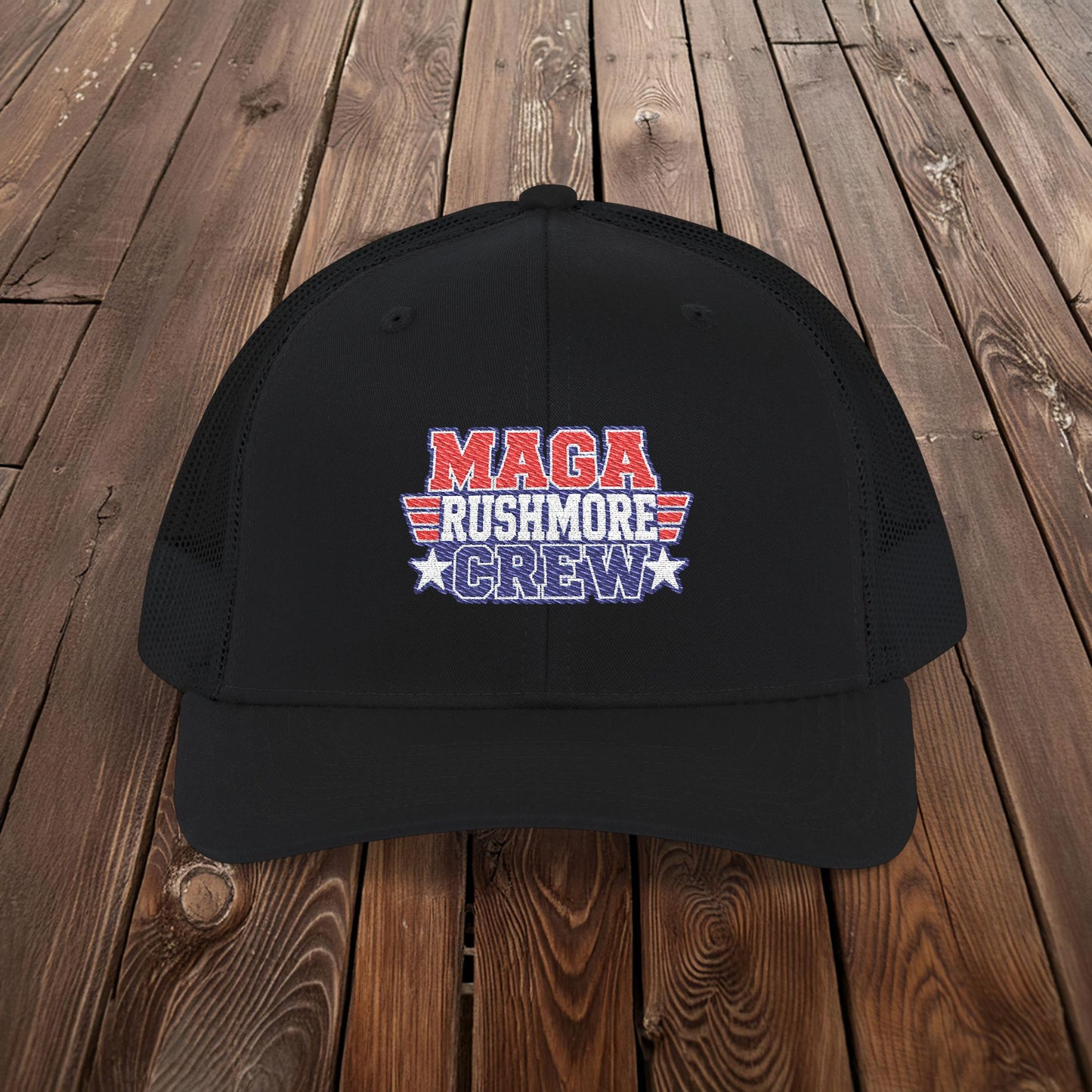 MAGA Rushmore Crew Trucker Cap — American Flag Embroidered Snapback