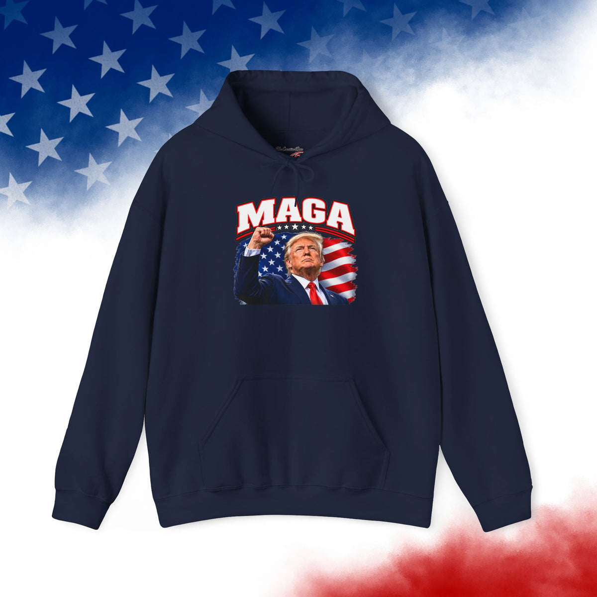 MAGA Trump Hoodie, Patriotic American Flag Back Print, Conservative Unisex Pullover Sweatshirt