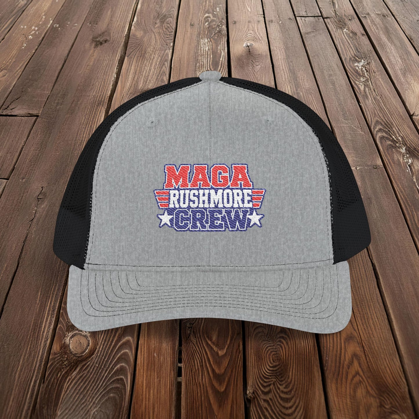 MAGA Rushmore Crew Trucker Cap — American Flag Embroidered Snapback