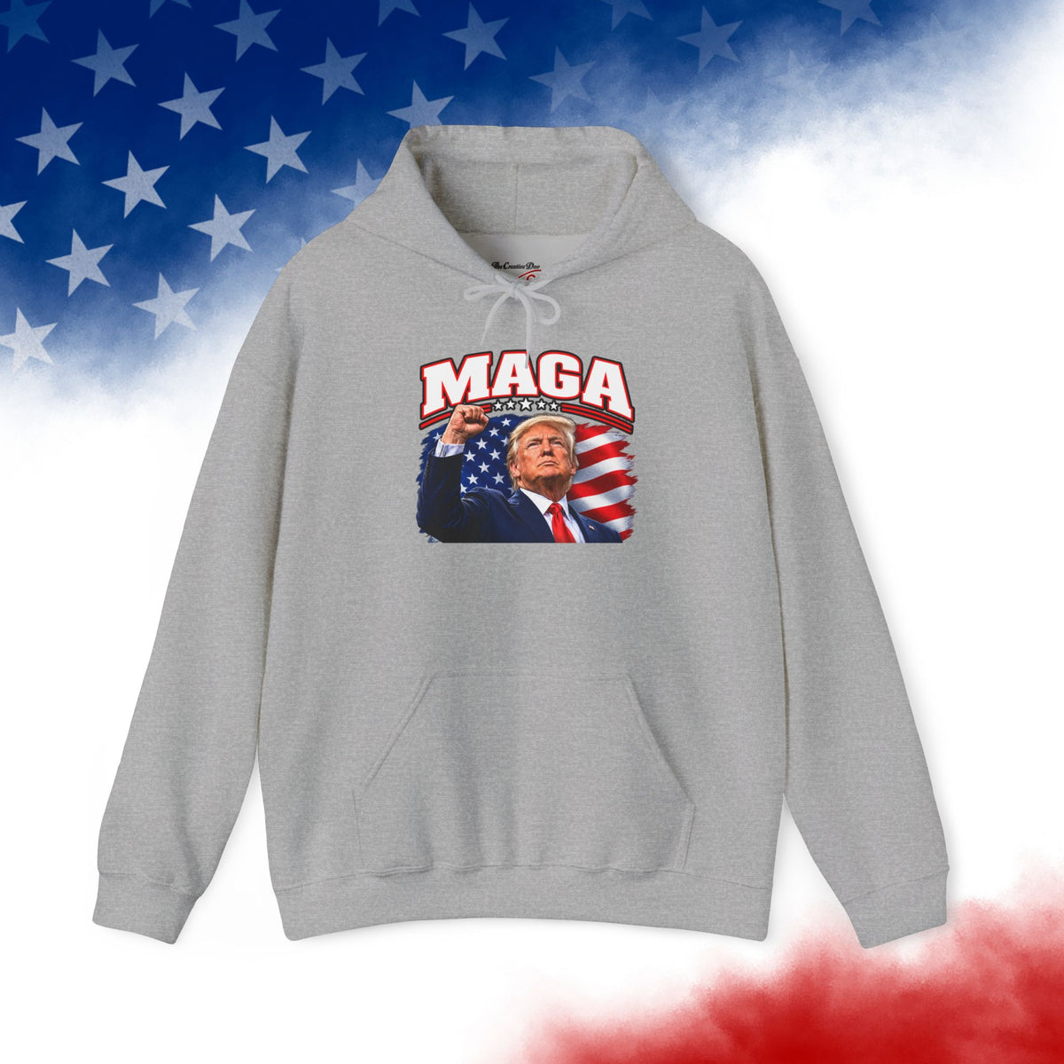 MAGA Trump Hoodie, Patriotic American Flag Back Print, Conservative Unisex Pullover Sweatshirt
