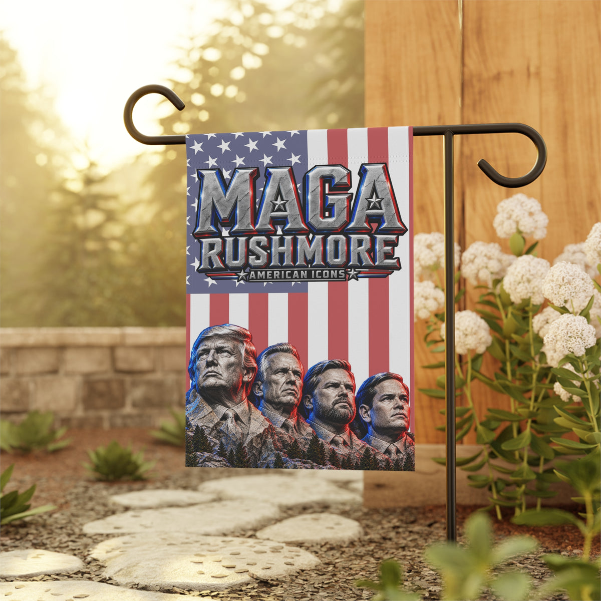 MAGA Rushmore Garden Flag Double Sided Outdoor Banner American Icons Trump