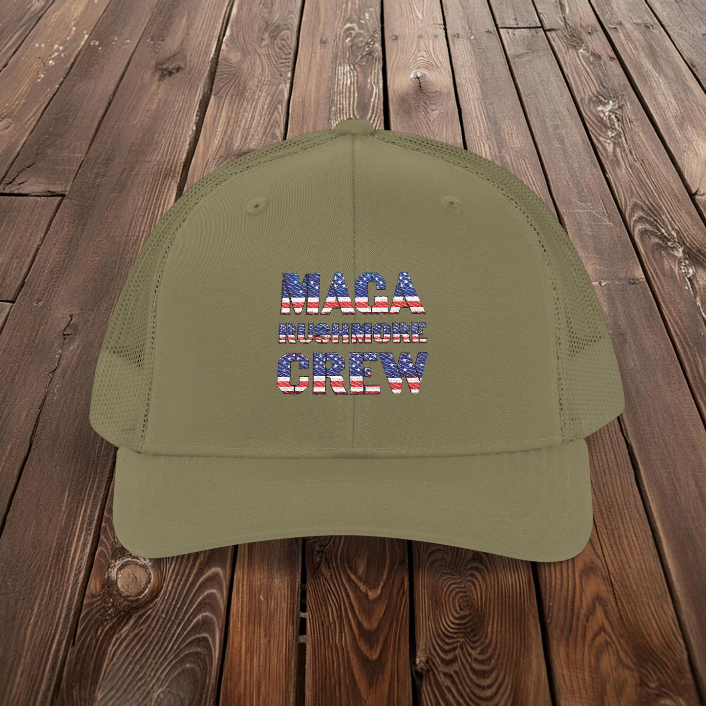 MAGA Rushmore Crew Trucker Cap — American Flag Embroidered Snapback