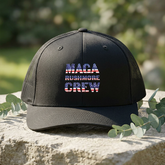 MAGA Rushmore Crew Trucker Cap — American Flag Embroidered Snapback