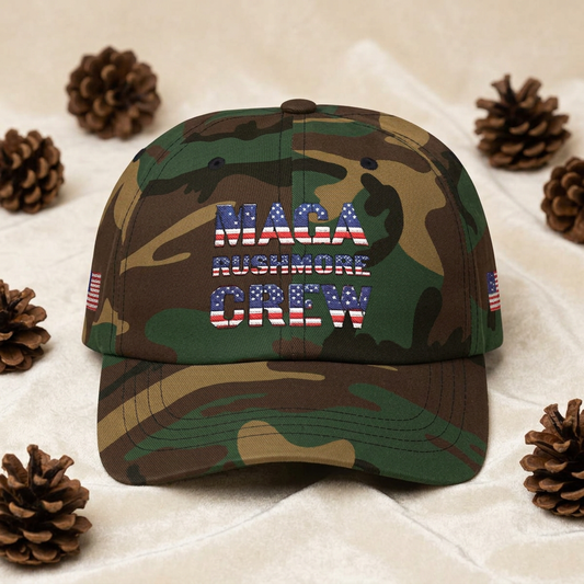 Patriotic "MAGA RUSHMORE CREW" Dad Cap — USA Flag Embroidered Baseball Hat