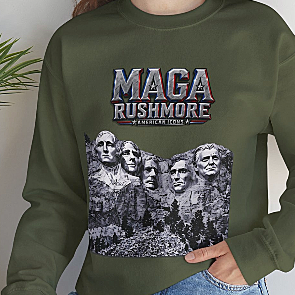 MAGA Rushmore Sweatshirt | American Icons Crewneck Gildan 18000