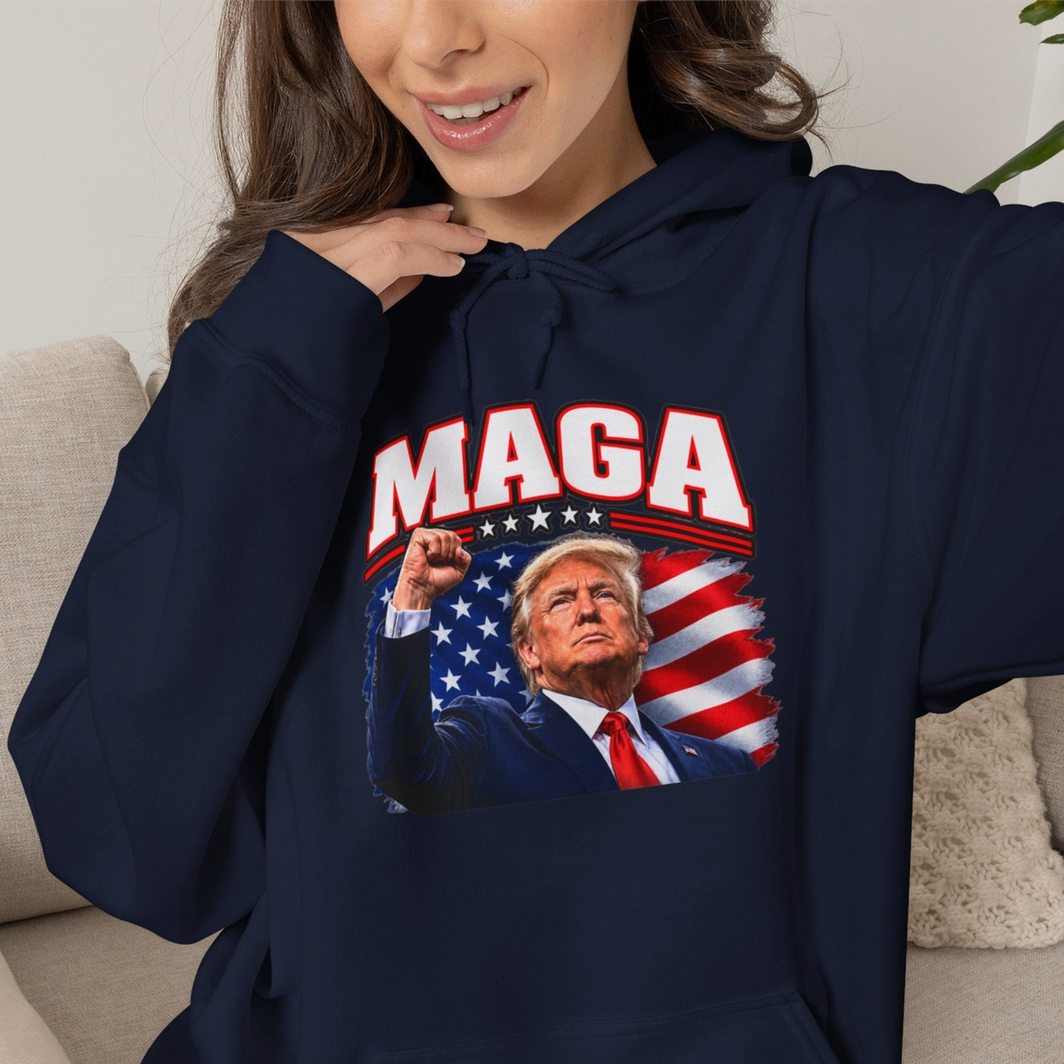 MAGA Trump Hoodie, Patriotic American Flag Back Print, Conservative Unisex Pullover Sweatshirt