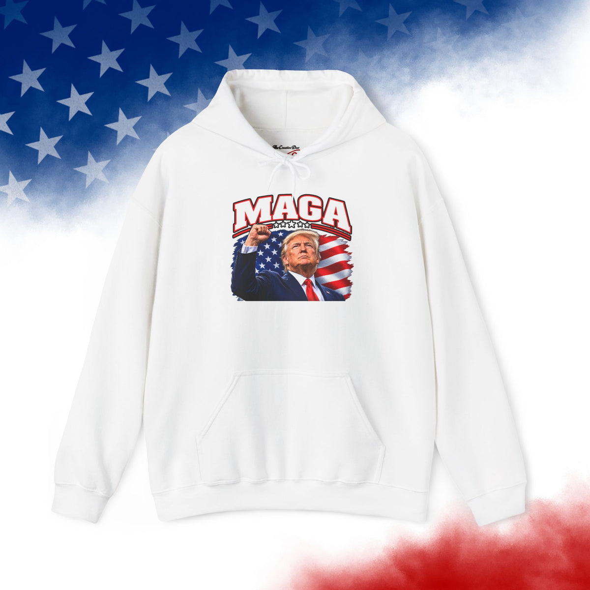 MAGA Trump Hoodie, Patriotic American Flag Back Print, Conservative Unisex Pullover Sweatshirt