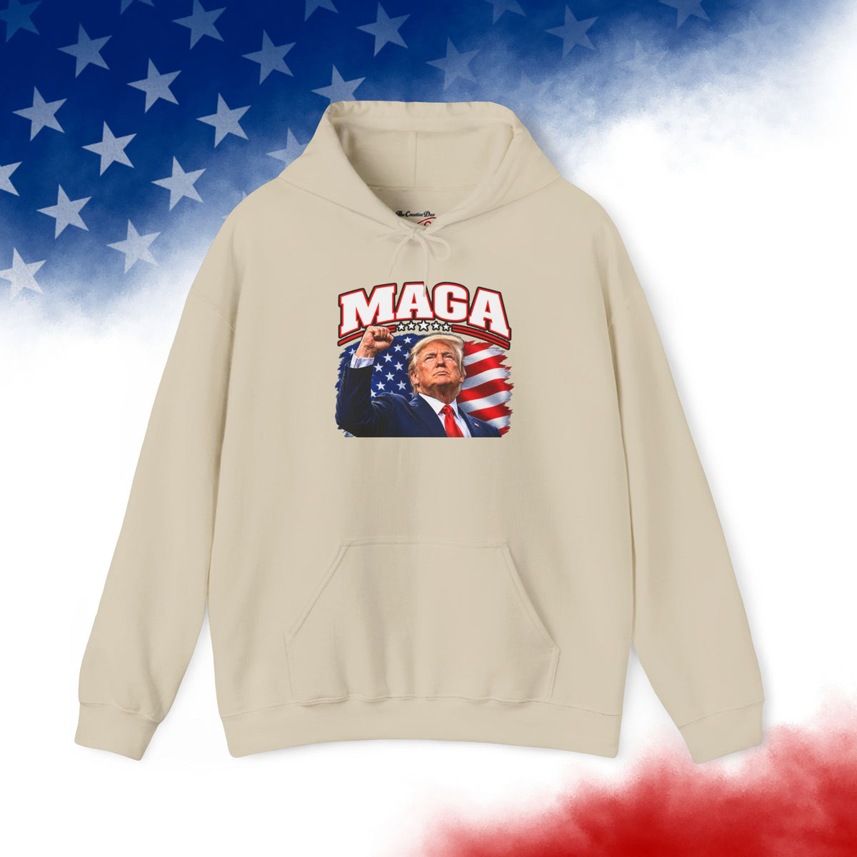 MAGA Trump Hoodie, Patriotic American Flag Back Print, Conservative Unisex Pullover Sweatshirt