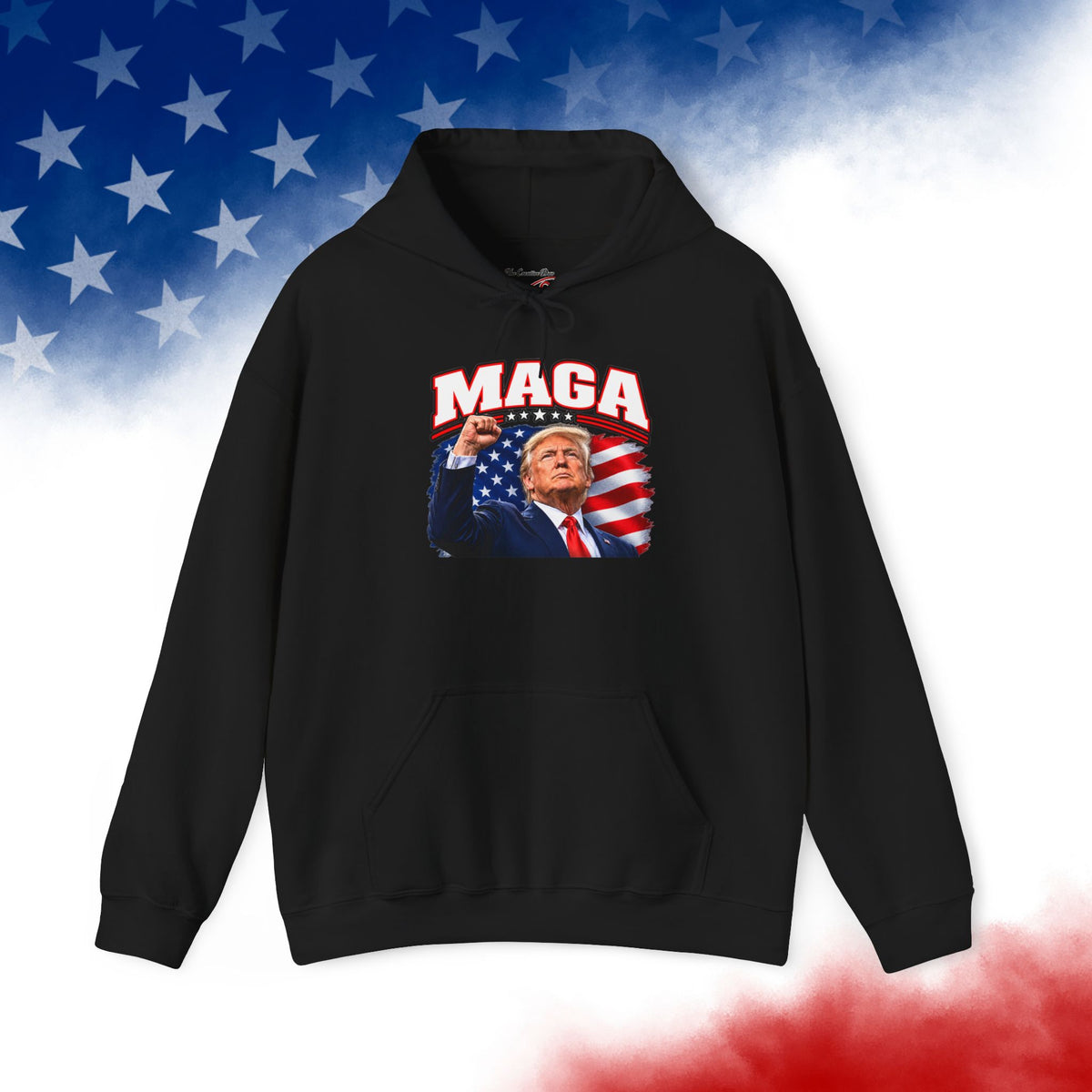 MAGA Trump Hoodie, Patriotic American Flag Back Print, Conservative Unisex Pullover Sweatshirt