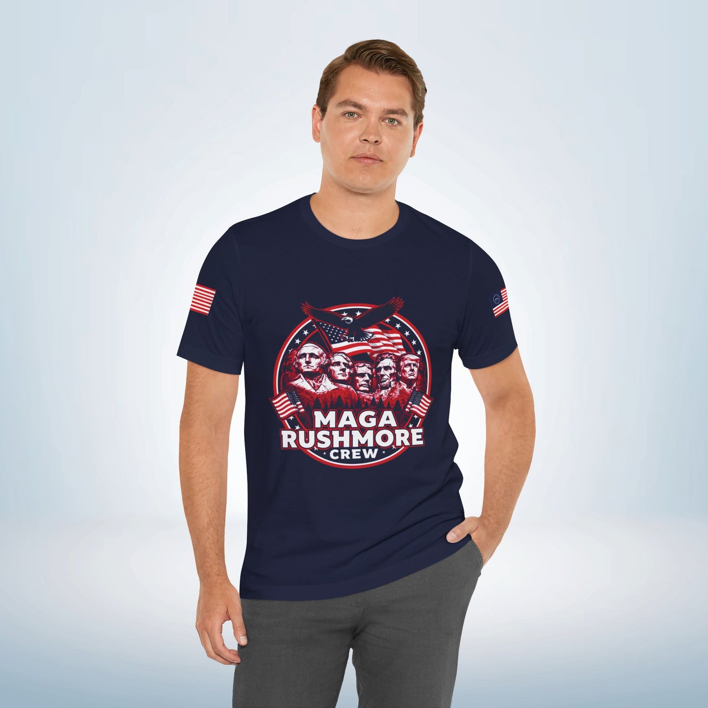 MAGA Rushmore Crew T-Shirt — Patriotic Political Cotton Tee