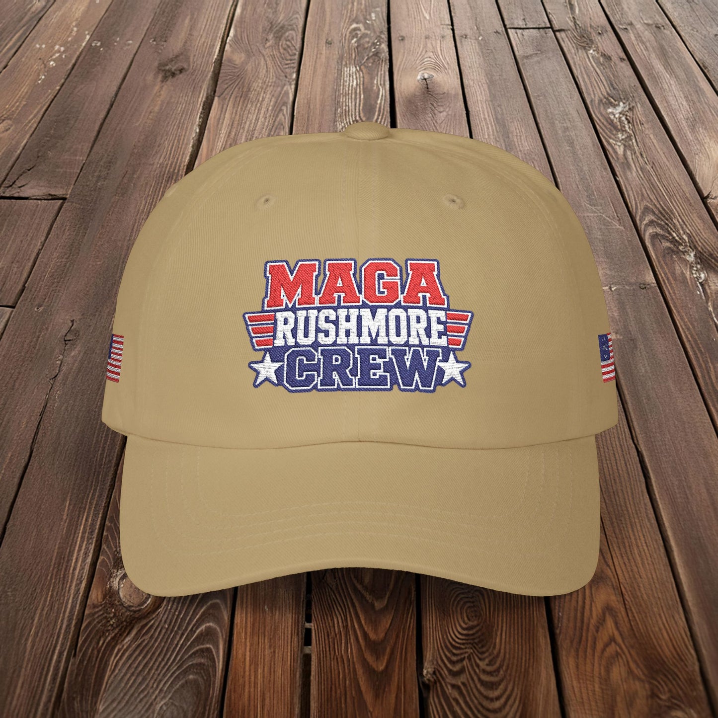 Patriotic "MAGA RUSHMORE CREW" Dad Cap — USA Flag Embroidered Baseball Hat