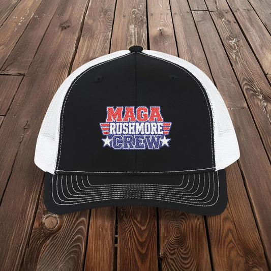MAGA Rushmore Crew Trucker Cap — American Flag Embroidered Snapback