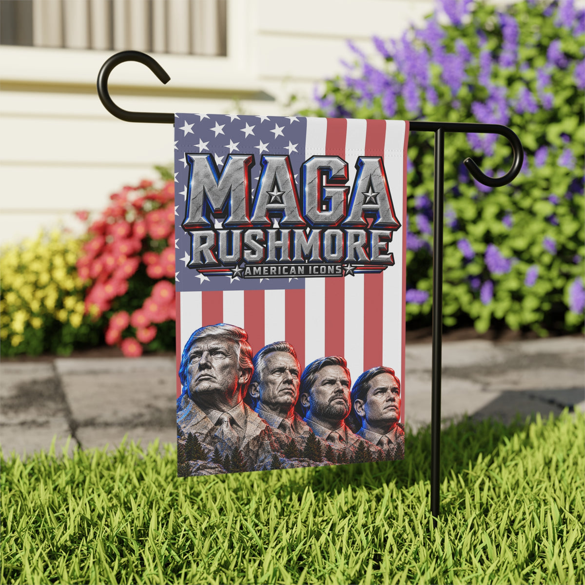 MAGA Rushmore Garden Flag Double Sided Outdoor Banner American Icons Trump