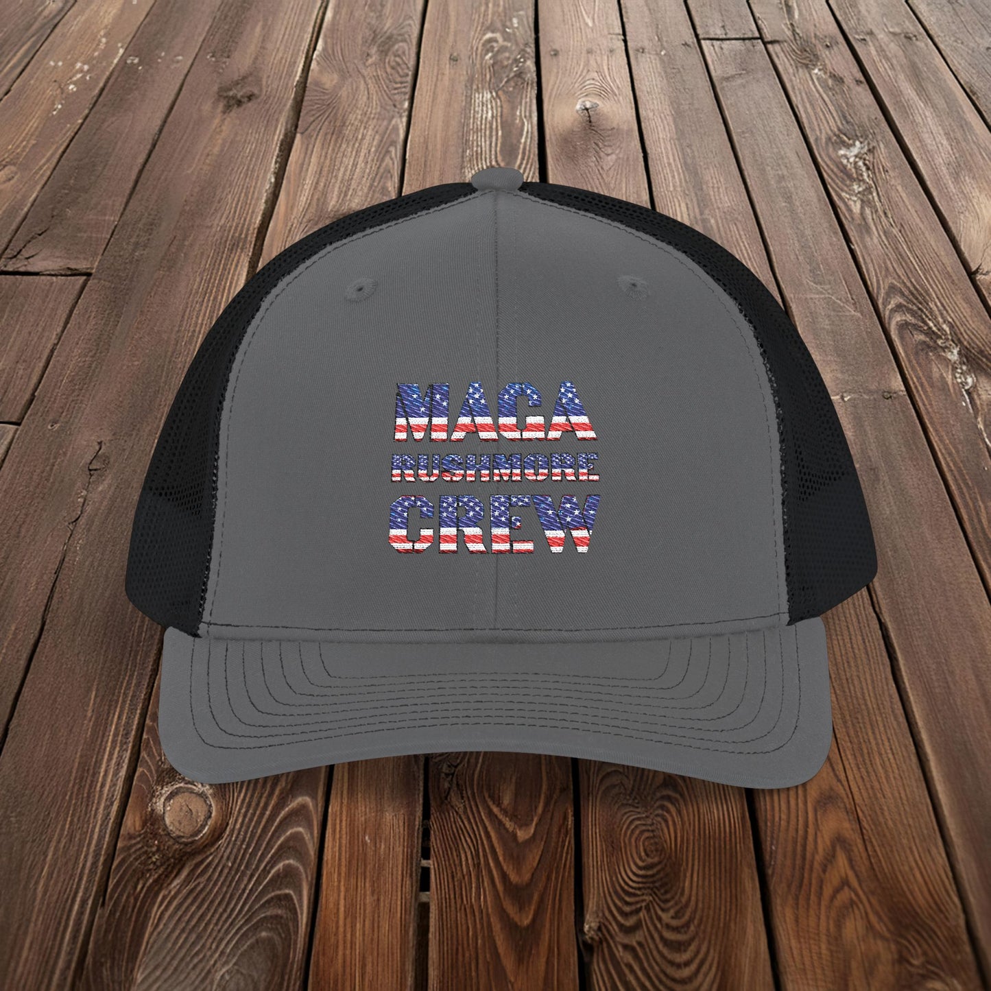 MAGA Rushmore Crew Trucker Cap — American Flag Embroidered Snapback