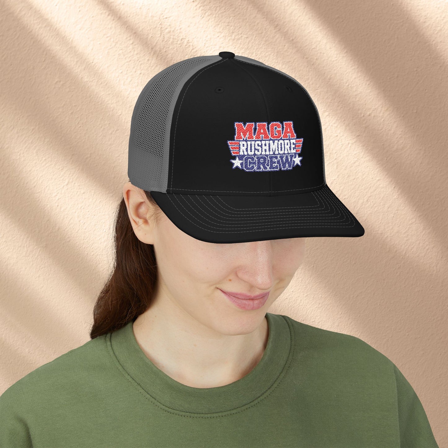 MAGA Rushmore Crew Trucker Cap — American Flag Embroidered Snapback