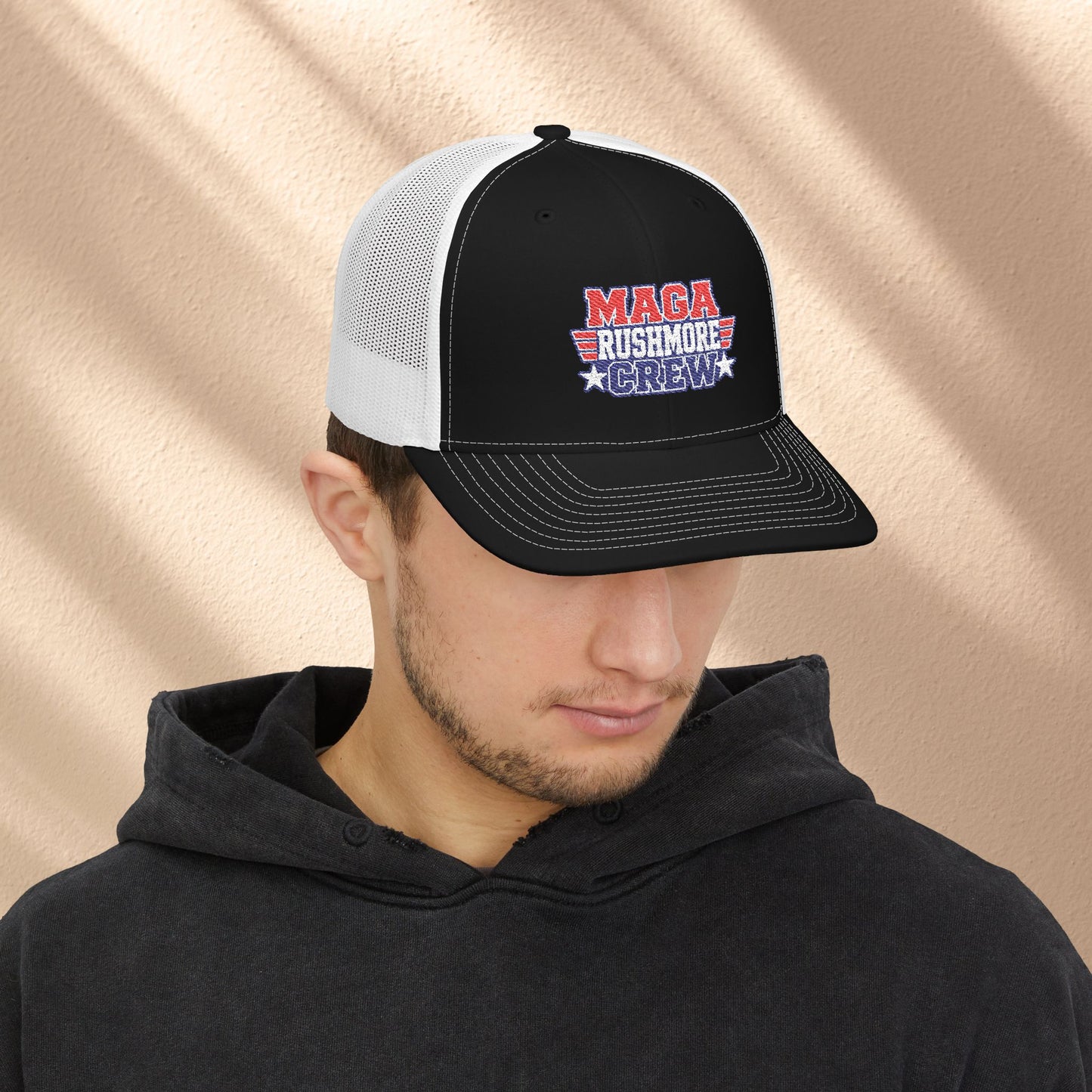 MAGA Rushmore Crew Trucker Cap — American Flag Embroidered Snapback