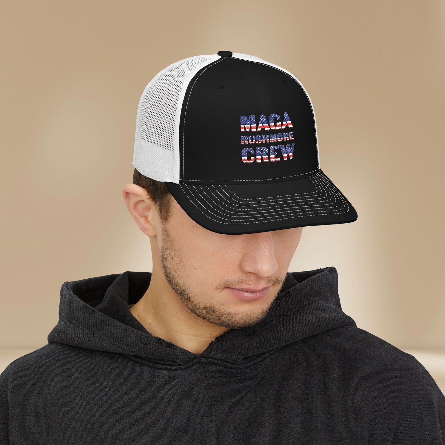 MAGA Rushmore Crew Trucker Cap — American Flag Embroidered Snapback