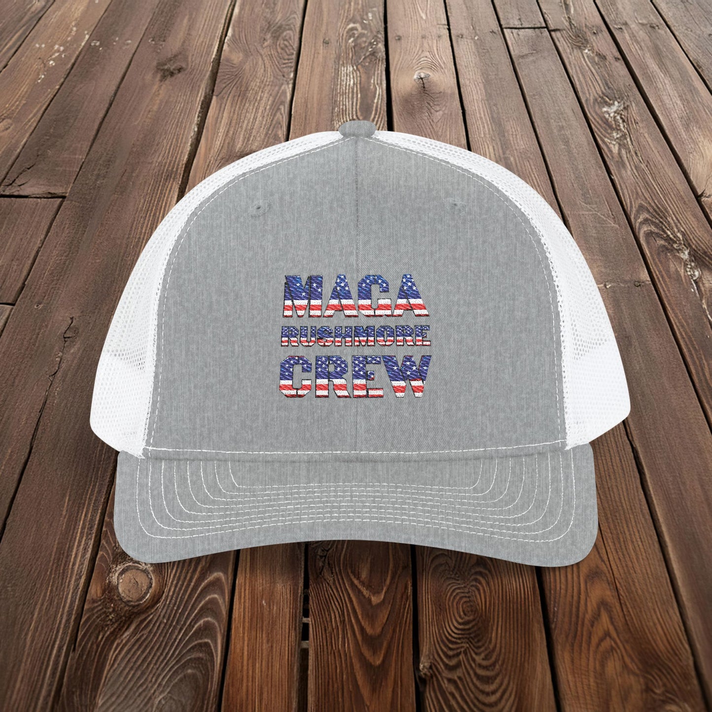 MAGA Rushmore Crew Trucker Cap — American Flag Embroidered Snapback