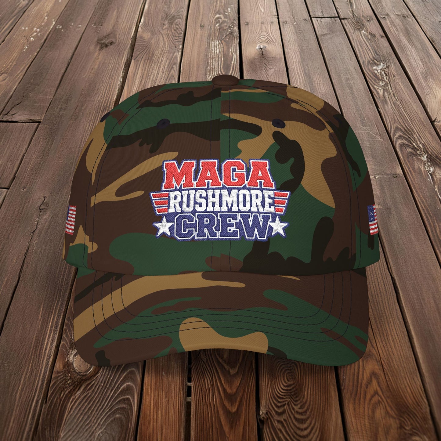 Patriotic "MAGA RUSHMORE CREW" Dad Cap — USA Flag Embroidered Baseball Hat