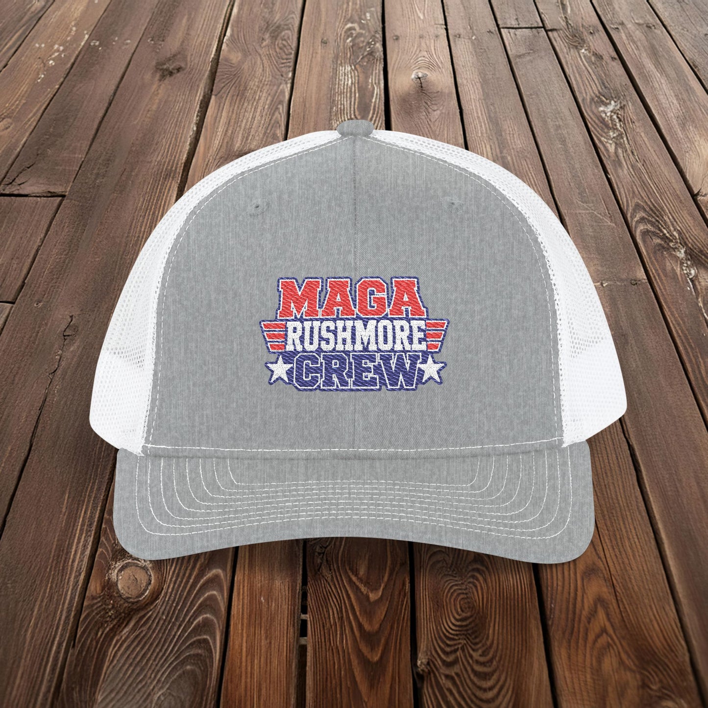 MAGA Rushmore Crew Trucker Cap — American Flag Embroidered Snapback