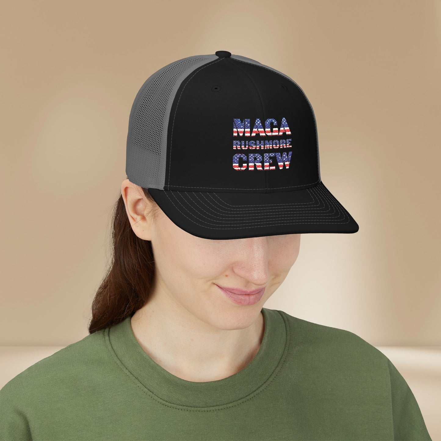 MAGA Rushmore Crew Trucker Cap — American Flag Embroidered Snapback