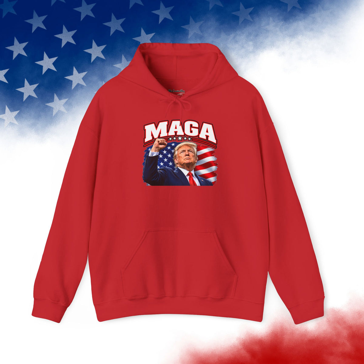 MAGA Trump Hoodie, Patriotic American Flag Back Print, Conservative Unisex Pullover Sweatshirt