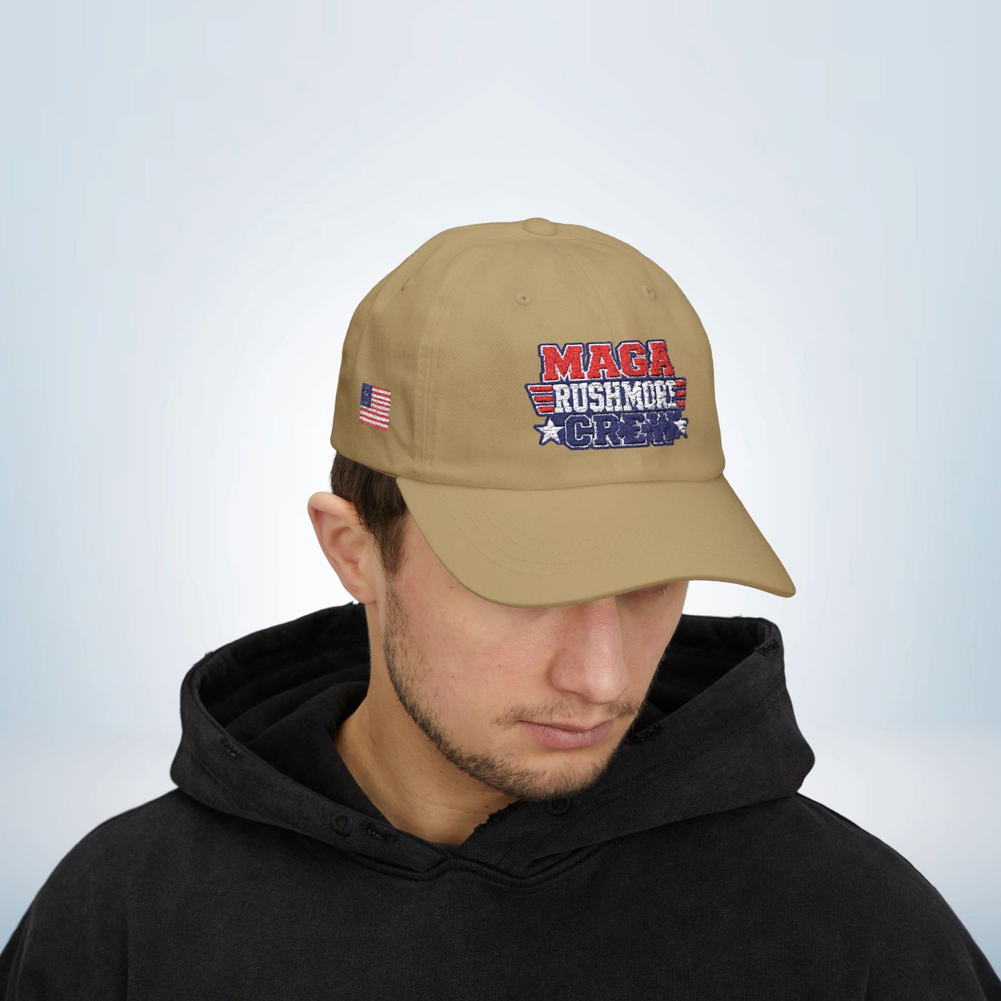 Patriotic "MAGA RUSHMORE CREW" Dad Cap — USA Flag Embroidered Baseball Hat