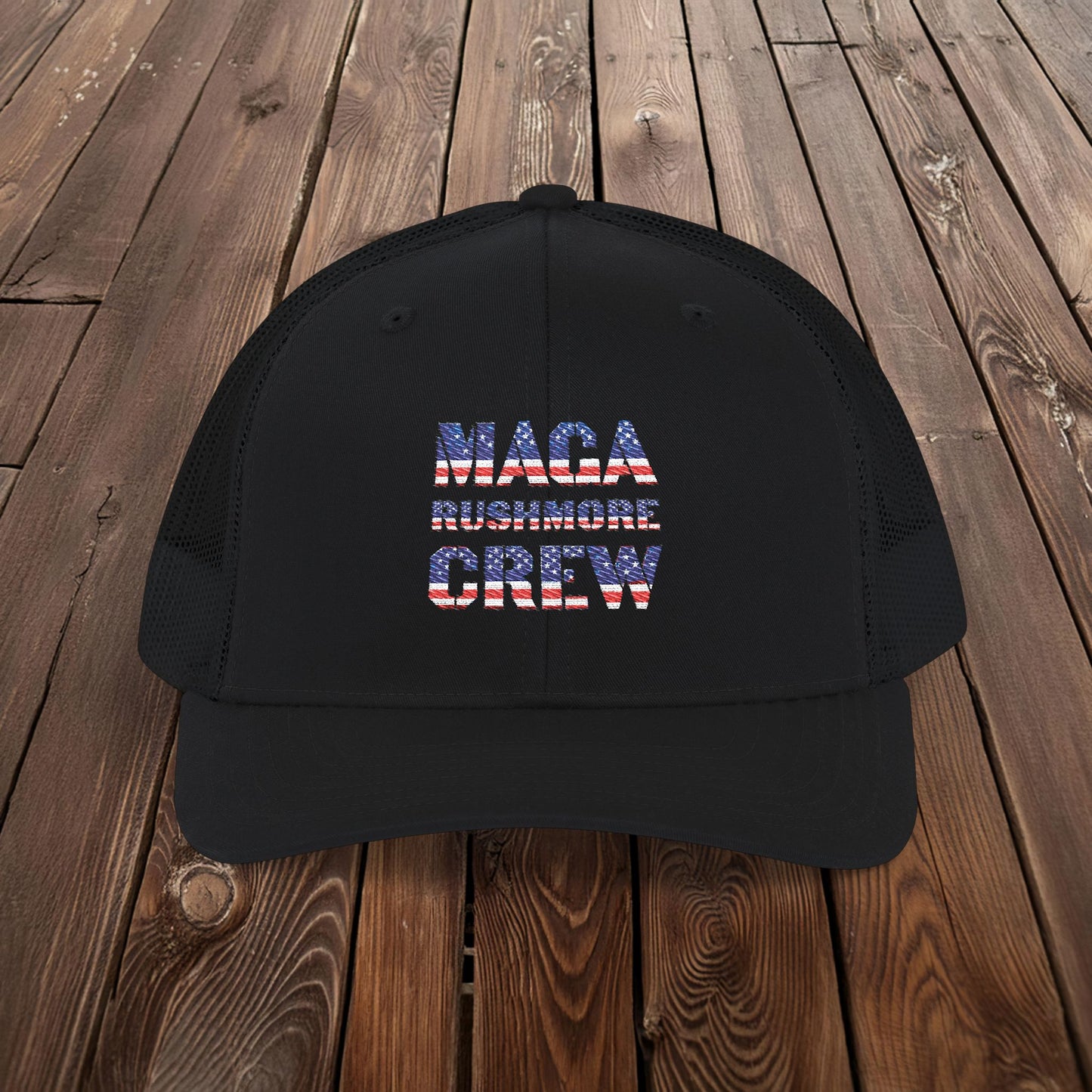 MAGA Rushmore Crew Trucker Cap — American Flag Embroidered Snapback