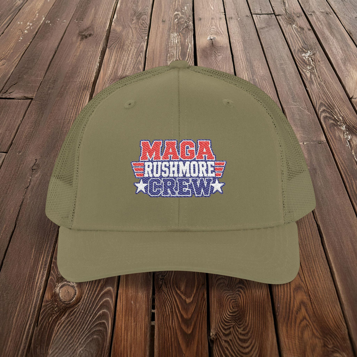 MAGA Rushmore Crew Trucker Cap — American Flag Embroidered Snapback - MAGA Rushmore Crew
