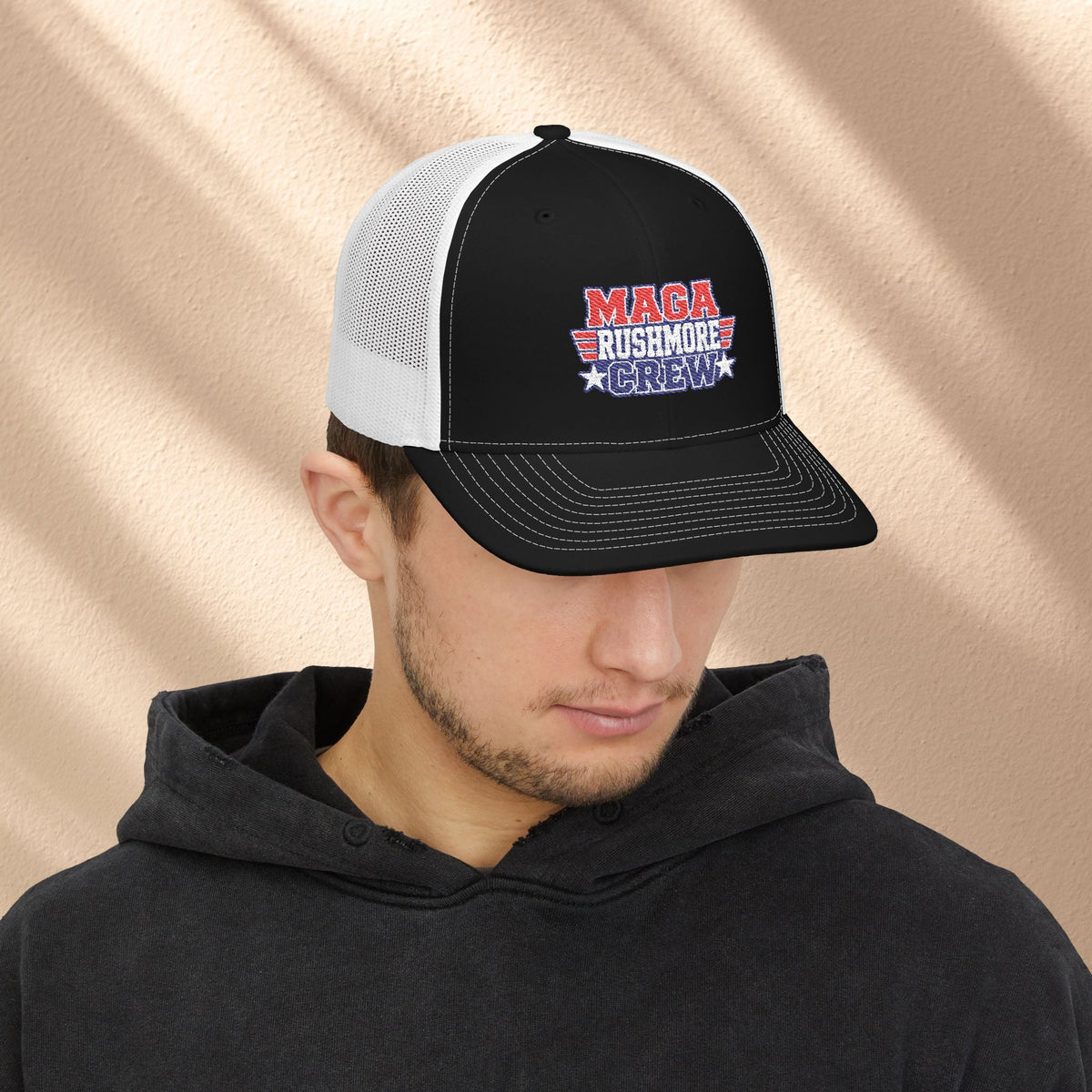 MAGA Rushmore Crew Trucker Cap — American Flag Embroidered Snapback - MAGA Rushmore Crew