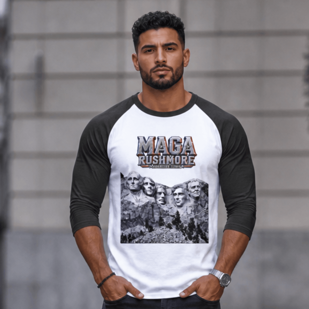 MAGA Rushmore Unisex 3/4 Sleeve Raglan Shirt | Baseball Style Patriotic Tee - MAGA Rushmore Crew