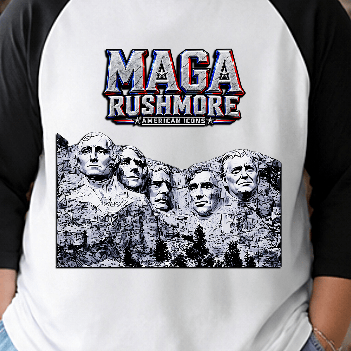 MAGA Rushmore Unisex 3/4 Sleeve Raglan Shirt | Baseball Style Patriotic Tee - MAGA Rushmore Crew