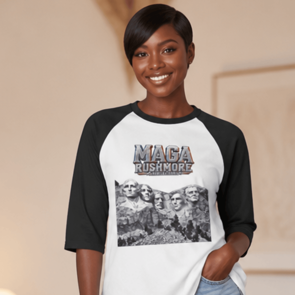MAGA Rushmore Unisex 3/4 Sleeve Raglan Shirt | Baseball Style Patriotic Tee - MAGA Rushmore Crew